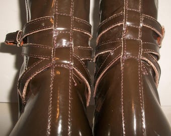 Vintage Fratelli Rosetti Tall "Classique" Belted Chocolate-Patent Riding Boots 7.5M (1060USD)