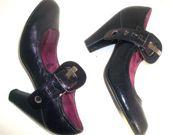 Vtg Jeffrey Campbell Dark Plum Mary Jane Pumps with Oversize Buckle 10M