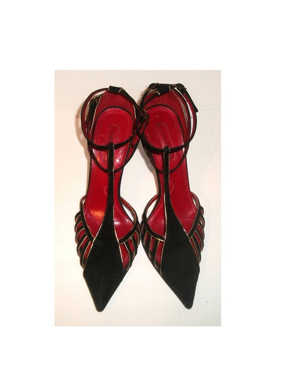 black suede t strap pumps