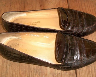 Vtg Ralph Lauren Classic Preppy Brown Croc-Embossed-Leather Penny Loafers Made in Italy 8.5M (250USD)
