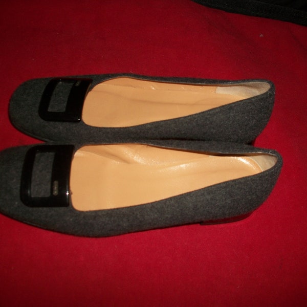 Coach Vintage Gray Flannel Square-Toe Flats w Large Logo-Buckle & Black Patent Heels 8M 38M