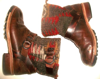 Woolrich Brown-Leather Pull-On Harness Boots w Adjustable Wool Kilim Shaft 8.5M [350]