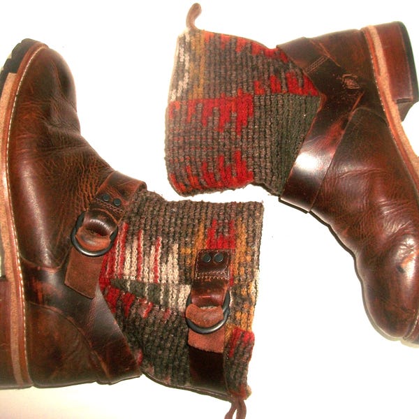Woolrich Brown-Leather Pull-On Harness Boots w Adjustable Wool Kilim Shaft 8.5M [350]