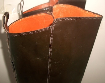 Fratelli Rosetti Chocolate-Patent Riding Boots w Burnt-Orange Lining 7.5M [1060USD]