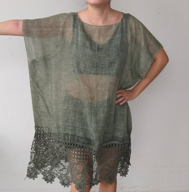 Free size Olive green color see through kaftan Beach Cover Up Casual Top Blouse