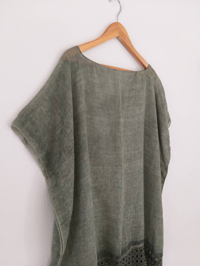 Free size Olive green color see through kaftan Beach Cover Up Casual Top Blouse