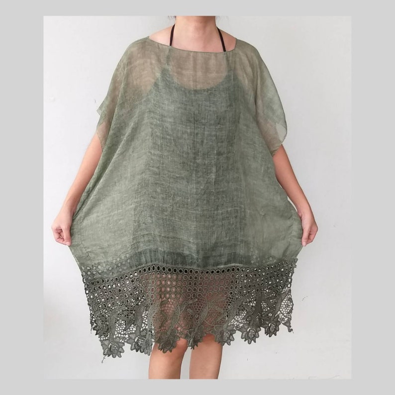 Free size Olive green color see through kaftan Beach Cover Up Casual Top Blouse