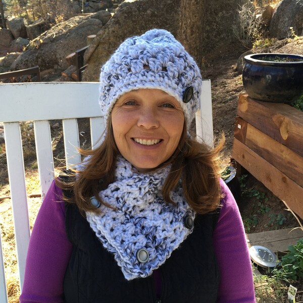 112. Slouch Hat, Button Neckwarmer, The Marble "Fiona" Hat and Neckwarmer Set, Button Hat, Button Scarf
