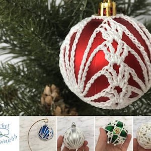 May include: A red spherical Christmas ornament encased in a white crocheted lace cover with a gold-colored cap. The image includes a logo with the text Crochet Happiness and additional views of blue, silver, green, and white ornaments with crochet covers.