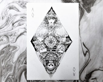 Playing card themed pen and ink postcard | Ace of diamonds