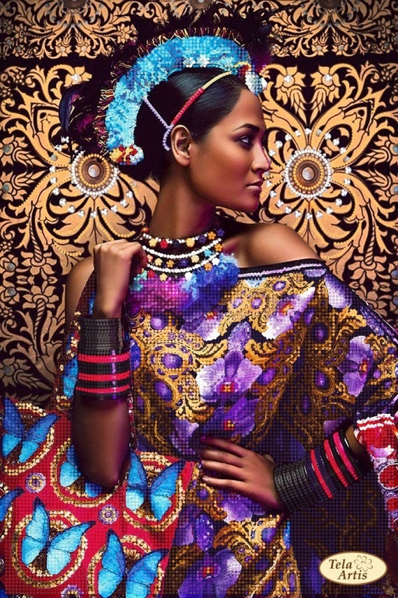 Bead embroidery kit picture Africa Woman polyptych of 4 parts Needlepoint Beaded Stitching Pattern 3d embroidery kit