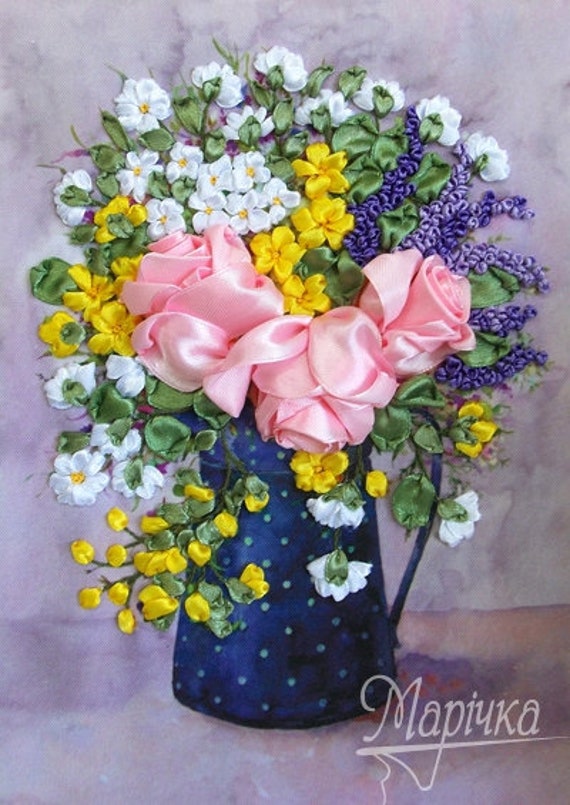 Silk Ribbon Embroidery Kit Bouquet In A Jug Ribbon Embroidery Kit Needlepoint Kits Embroidery Pattern Flowers Embroidery Design Diy