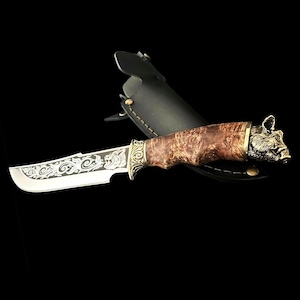 Wild Boar Souvenir Gift Ukrainian Custom Handmade Knife Tourist Hunting Fishing Kitchen Knives Patriotic Trident Engraving Sheath