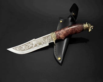Author's Souvenir Knife Custom Handmade Stainless Steel Knives TIGER for Tourist, Fishing, Hunting, Kitchen Gift for men  + Leather Sheath