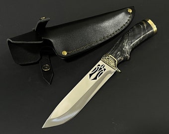 Ukrainian Souvenir Handmade Knife Tourist Hunting Fishing Kitchen Knives Patriotic Trident Present for father Gift for men + Leather Sheath