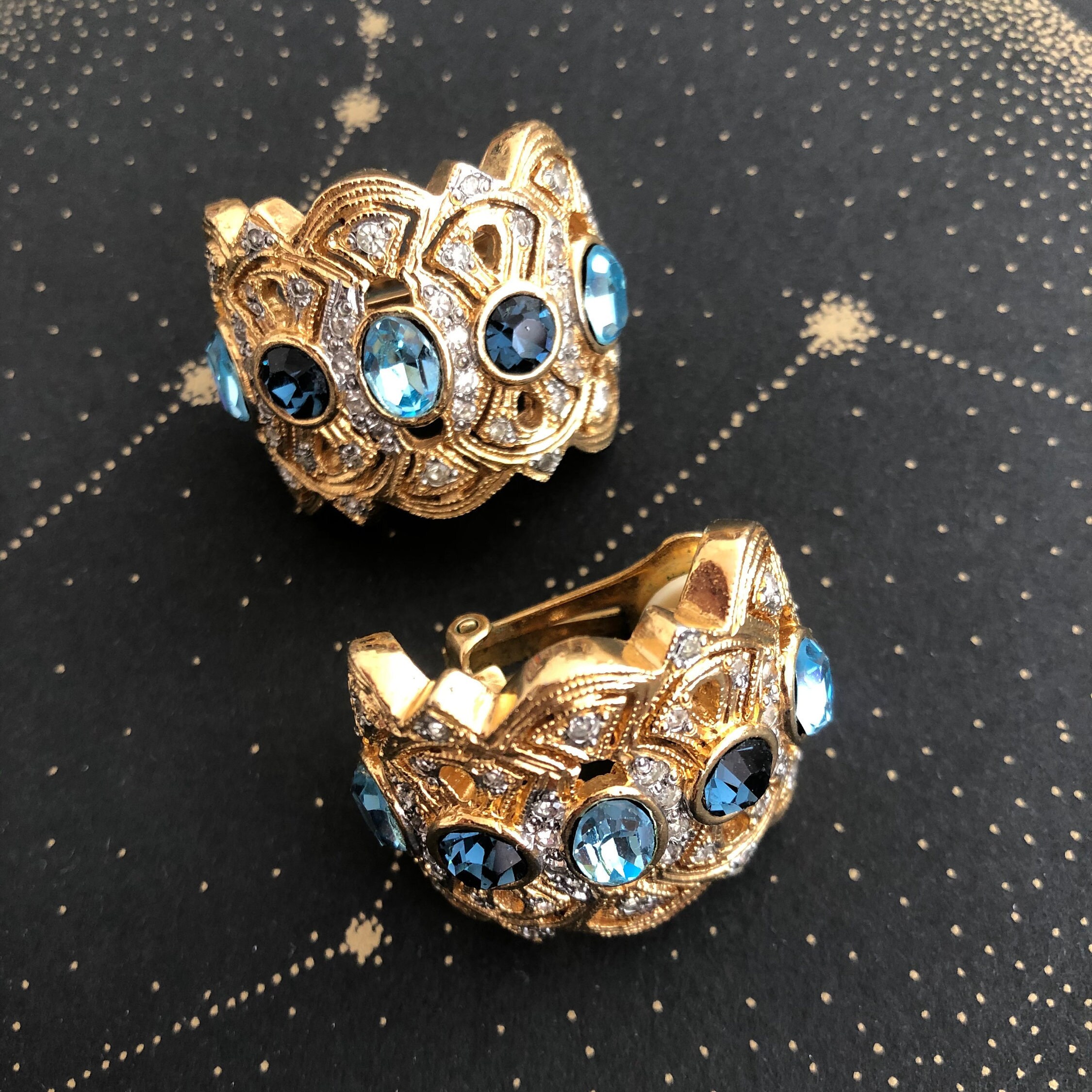 Signed Vogue Bijoux Gold Plated Clip On Earrings With Blue Etsy