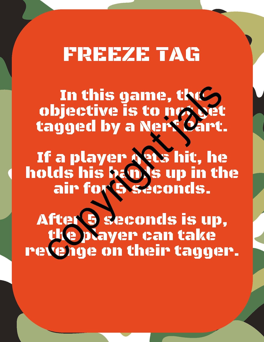 Freeze Tag, Game Rules Printout, Party Game, Nerf Wars Party, Nerf