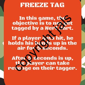 Freeze tag, Game Rules Printout, Party Game, Nerf Wars Party, Nerf Birthday, Camo Nerf Wars, Camo