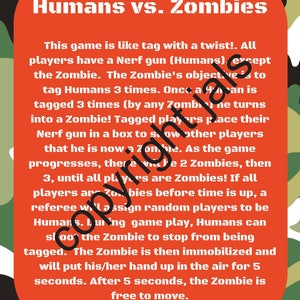 Humans vs Zombies, Game Rules Printout, Party Game, Nerf Wars Party, Nerf Birthday, Camo Nerf Wars, Camo