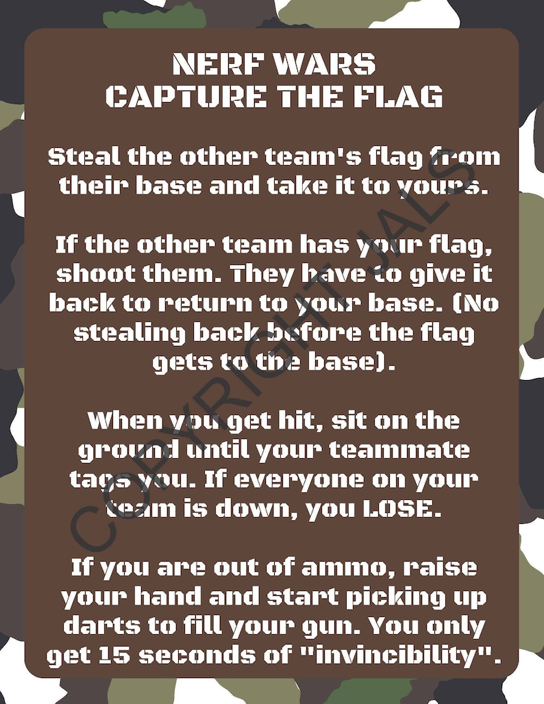 Nerf Wars, Capture the Flag, Game Rules Printout, Nerf Party, Nerf Wars