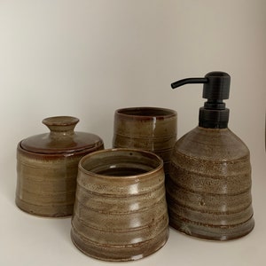 Bathroom Vanity Set, Soap Dispenser, Tumbler, Storage Container with Lid, Ready to ship, Handmade, Wheel Thrown, Stoneware, Ceramic Pottery