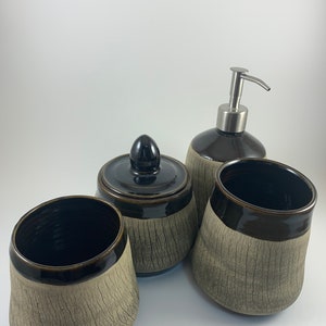 Bathroom Vanity Set, Soap Dispenser, Tumbler, Storage Container with Lid, Ready to ship, Handmade, Wheel Thrown, Stoneware, Ceramic Pottery image 6