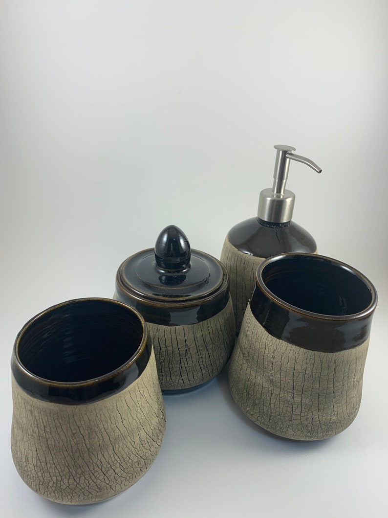 Bathroom Vanity Set, Soap Dispenser, Tumbler, Storage Container with Lid, Ready to ship, Handmade, Wheel Thrown, Stoneware, Ceramic Pottery image 6