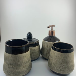 Bathroom Vanity Set, Soap Dispenser, Tumbler, Storage Container with Lid, Ready to ship, Handmade, Wheel Thrown, Stoneware, Ceramic Pottery Obsidian