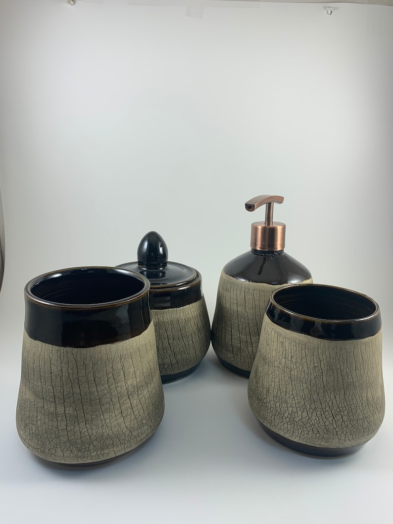 Bathroom Vanity Set, Soap Dispenser, Tumbler, Storage Container with Lid, Ready to ship, Handmade, Wheel Thrown, Stoneware, Ceramic Pottery Obsidian