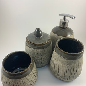 Bathroom Vanity Set, Soap Dispenser, Tumbler, Storage Container with Lid, Ready to ship, Handmade, Wheel Thrown, Stoneware, Ceramic Pottery image 2