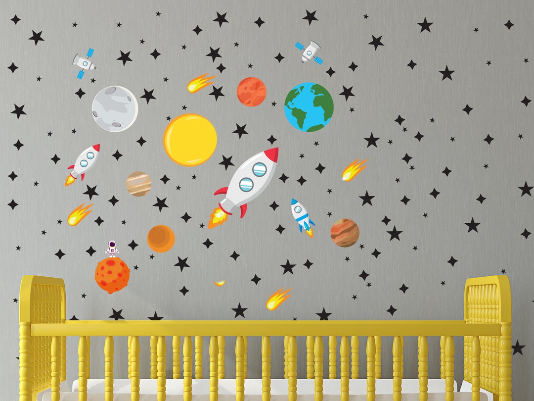 Removable & Reusable Kids Wall Space Universe Cute Space Men Rocket Moon Wall Sticker Nursery