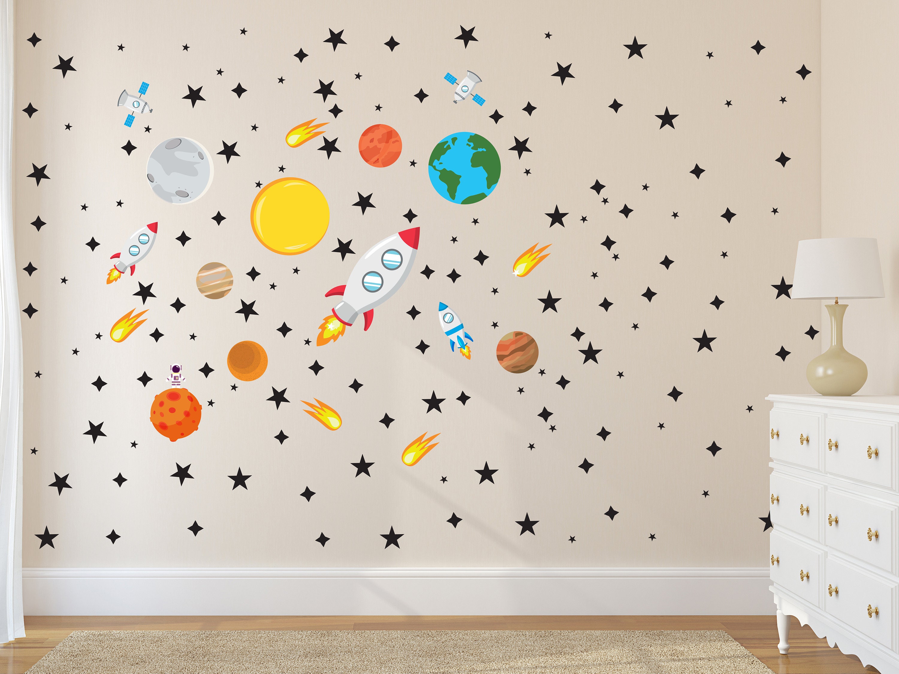 Removable & Reusable Kids Wall Space Universe Cute Space Men Rocket Moon Wall Sticker Nursery