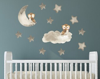 Verwijderbare &herbruikbare kindermuur sticker uil op de maan | Leuke Safari Dieren Muursticker | Nursery Wall Decal | Houdt muren schadevrij.