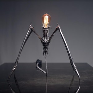 May include: A unique table lamp with a skeletal design and a single light bulb. The lamp is made of metal and has a dark gray finish. The lamp is on a black surface.