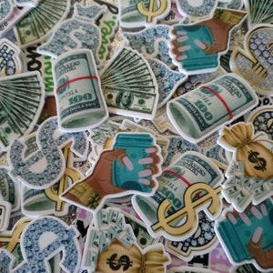 May include: A collection of stickers featuring money-themed designs. The stickers include images of stacks of $100 bills, dollar signs, money bags, and hands holding cash. The color palette includes shades of green, gold, and brown.