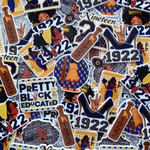 May include: A collection of colorful stickers featuring the year 1922, the words "Pretty Black & Educated", and other text and images. The stickers are on a white background.