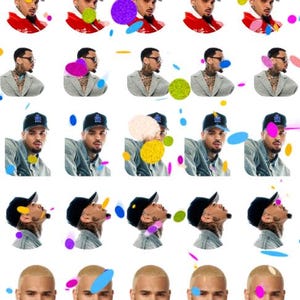 May include: A collage of images featuring a man wearing a black baseball cap with a logo, a red jacket, and a denim shirt. The images are interspersed with colorful confetti and abstract shapes.
