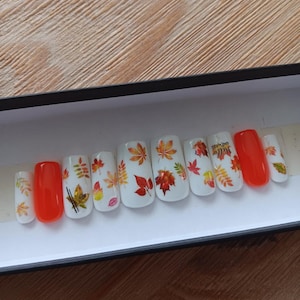 Orange Accent and Fall Leaves Press On Nails Set