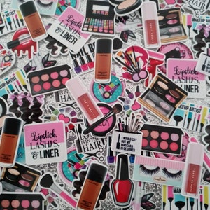 May include: A collection of colorful stickers featuring makeup-themed designs. The stickers include images of lipstick, eyeshadow palettes, brushes, and other makeup tools. Some stickers have text that reads "Lipstick, Lashes, & Liner" and "I would cry but my mascara is designer".