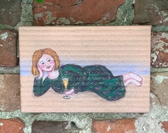 Canvas print - "Pappita", relaxed woman on cardboard, 30 x 20 cm, wall decoration, gift for girlfriend