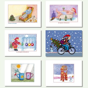 Weihnachtskarten-Set II, 6 Postkarten, entspannen, Punsch trinken, Weihnachtsbad, Julbock, Weihnachtsbaumtransport, lustige Motive, matt
