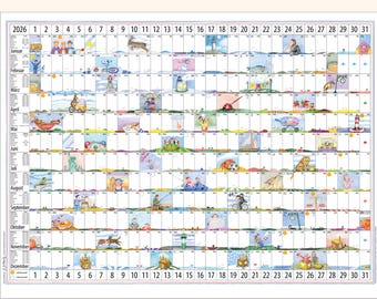 Kalender 2026, groß, Posterformat, Wandkalender, 80x60 cm, witzige Illustrationen, beschreibbar, mattes festes Papier, Buntstiftechnik