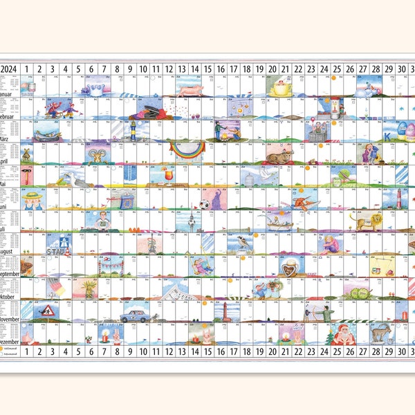 Kalender 2024, groß, Posterformat, Wandkalender, 80x60 cm, witzige Illustrationen, beschreibbar, mattes festes Papier, Buntstiftechnik