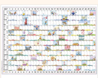 Kalender 2027, groß, 80x60 cm, Wandkalender im Posterformat, witzige Illustrationen, beschreibbar, mattes festes Papier, Buntstiftechnik