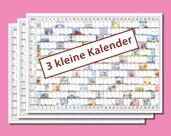 3 kleine Kalender 2024 mit Rabatt, Bunstifttechnik, Illustrationen mit Witz, Ganzjahresübersicht, Jahresplaner, Posterkalender, 59,4 x 42 cm