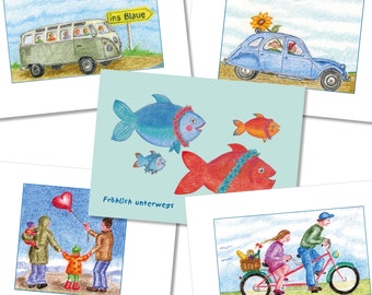 5 postcards "cheerfully on the road", VW bus, duck, family, tandem, fish family, crayon technology, matte 300 g cardboard, humorous