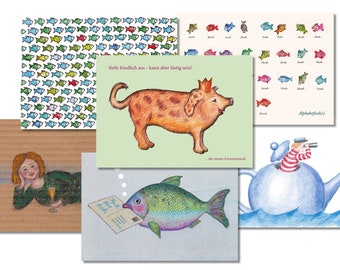 6 postcards - "my bestsellers", various motifs, with space on the back, matt 300 g cardboard, motifs with fun and charm