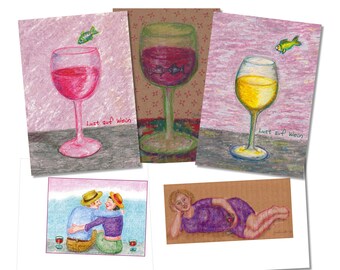 5 postcards "Lust auf Wein", red wine, white wine, crayon technique + oil chalk, matte 300 g cardboard, humorous