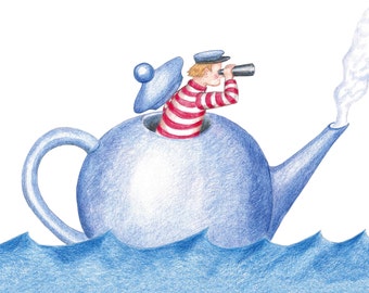 Canvas print - Sailor, sailing in the teapot, 20 x 20 cm, wall decoration for the kitchen or children&#39;s room, sailor, maritime, square