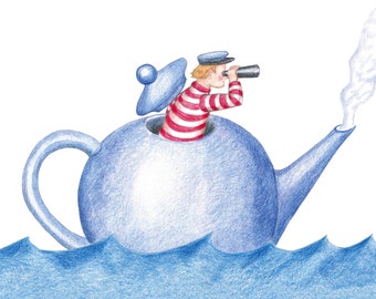 Canvas print - sailor, sailing in the teapot, 20 x 20 cm, wall decoration for the kitchen or children's room, sailor, maritime, square